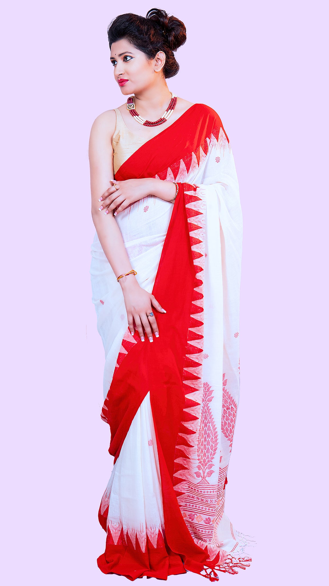 Handloom Cotton Ikkat Red White Saree - Anika