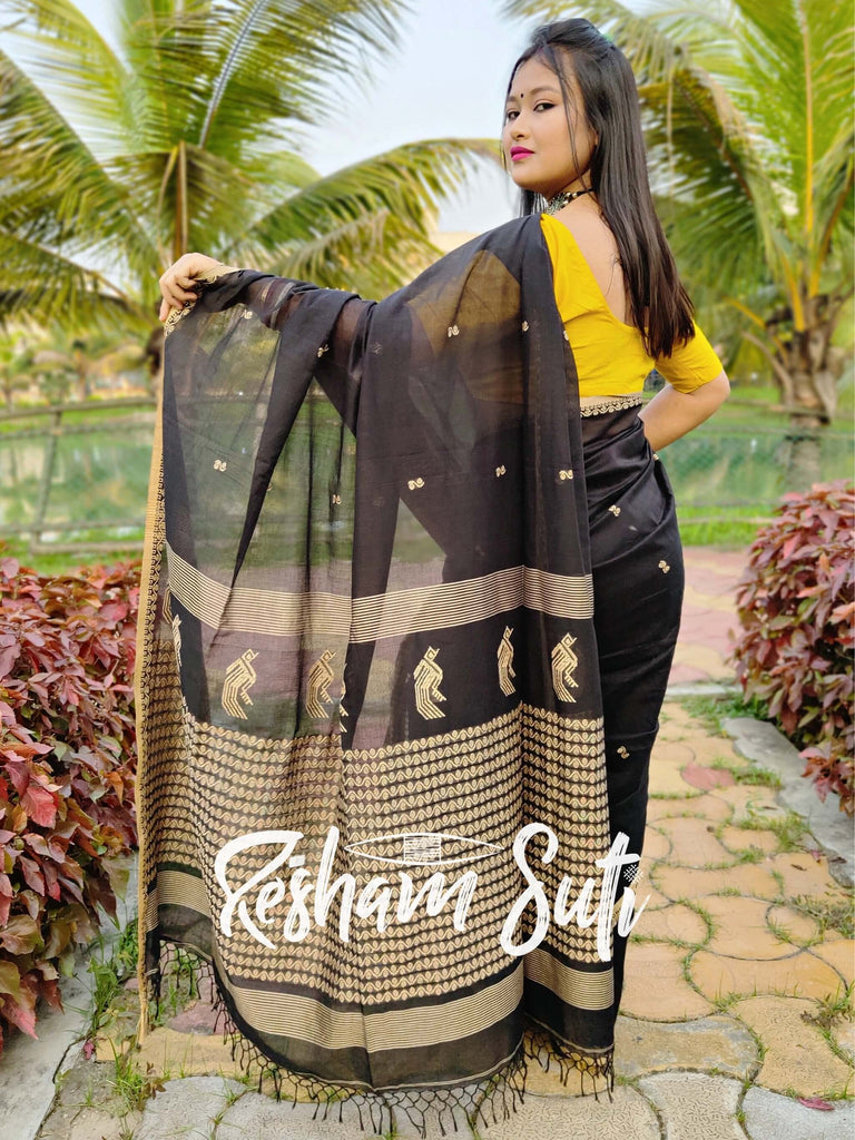 Black colour Texture Colour Handwoven Double Weaving Kadwa Katan Silk –  Chakori Ethnic