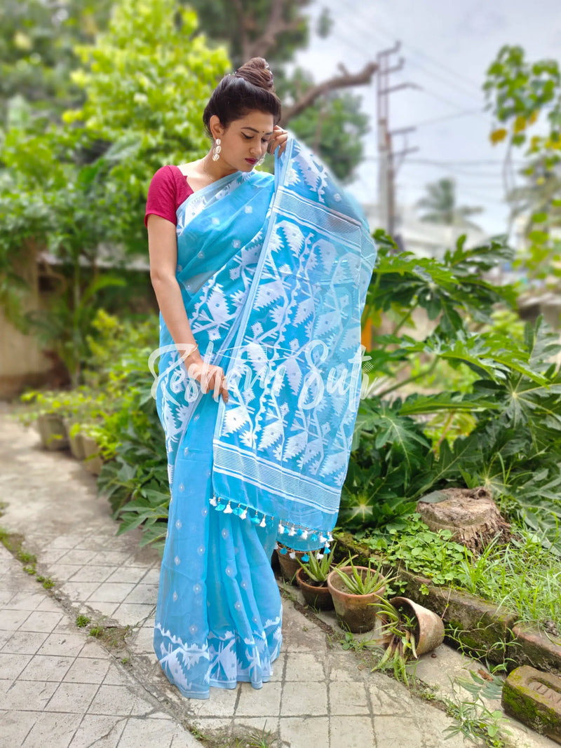 Royal Blue Jamdani Dhakai Handwoven Saree - Rahavee